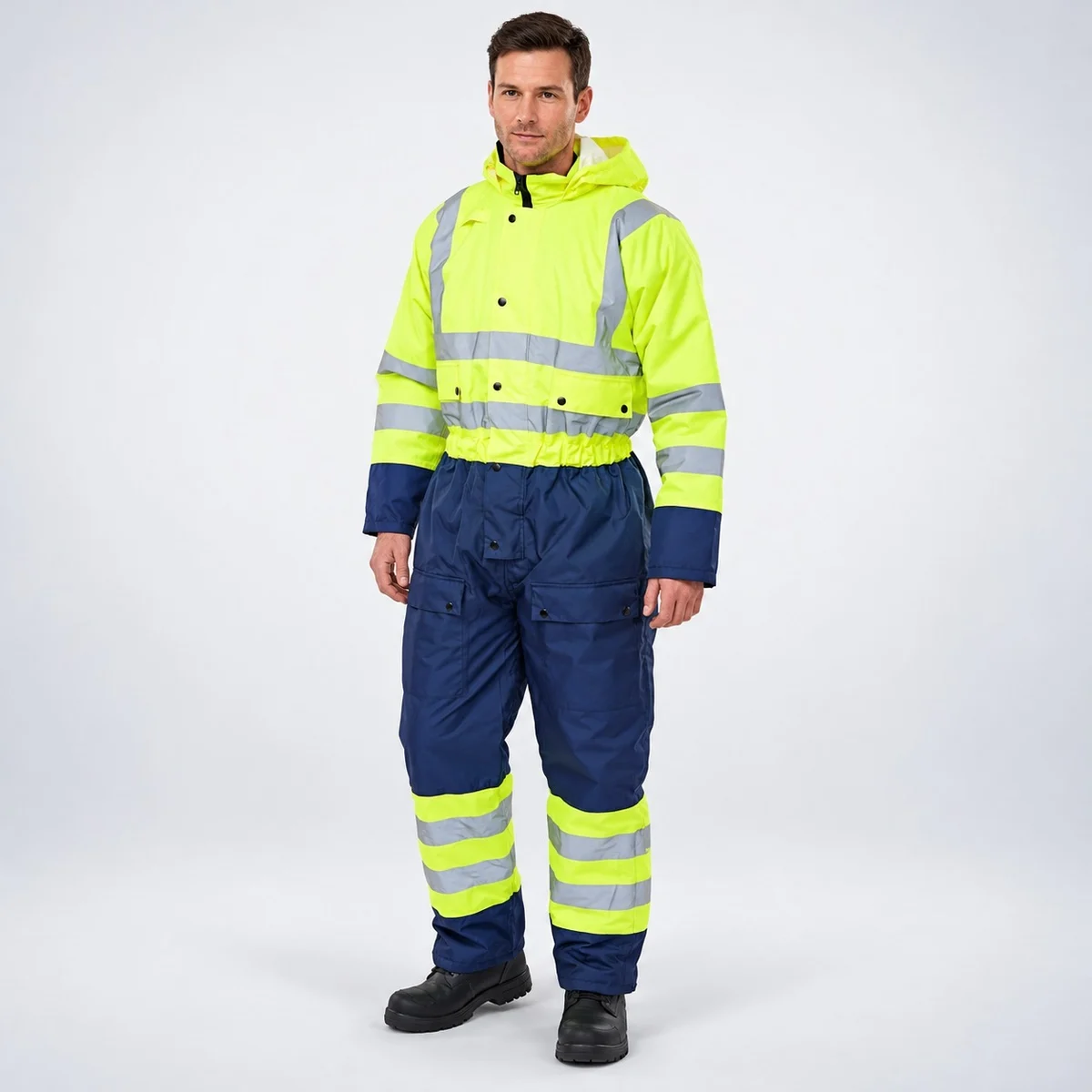 High-Visibility Yellow and Navy Blue Industrial Coverall