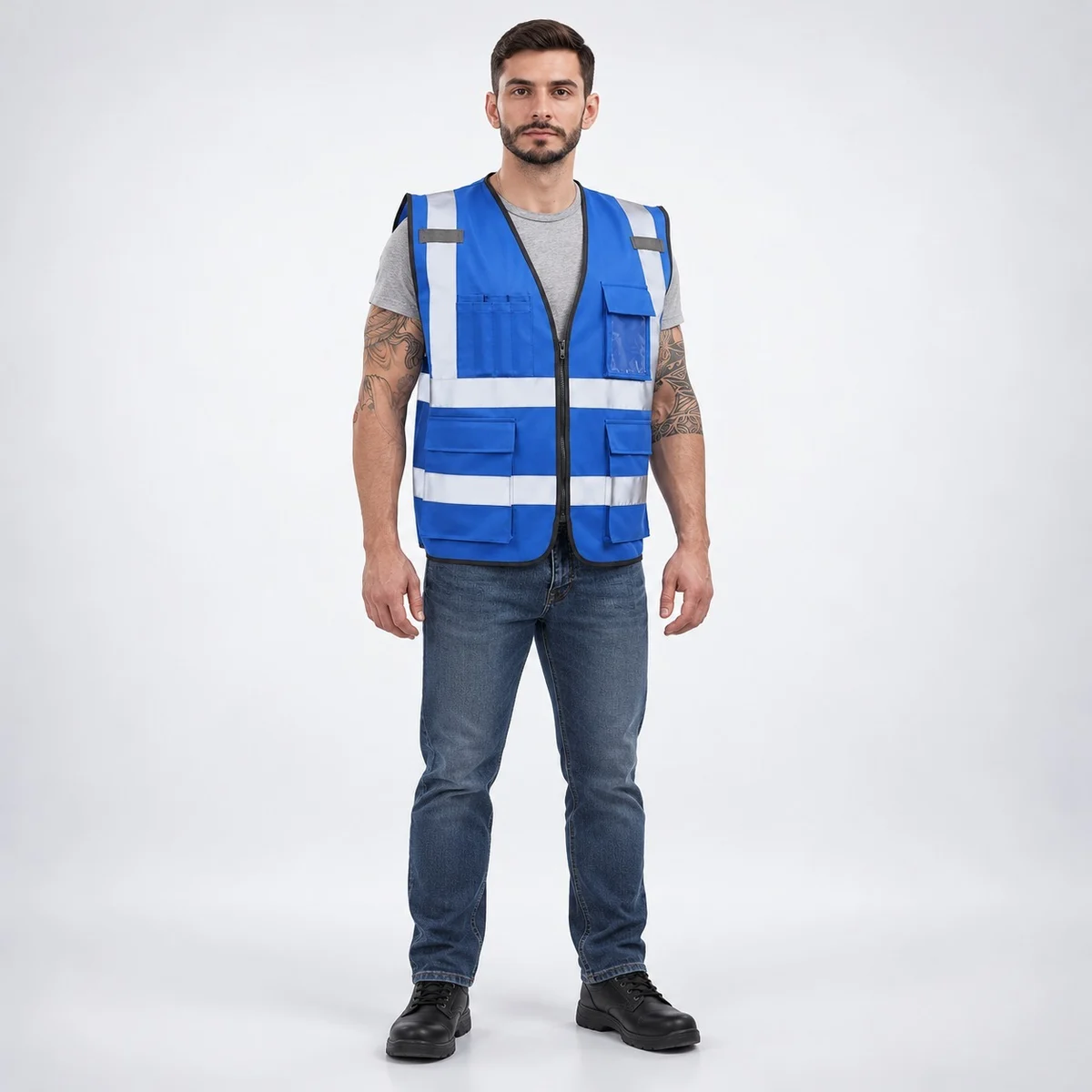 Blue Industrial Safety Vest with Reflective Stripes