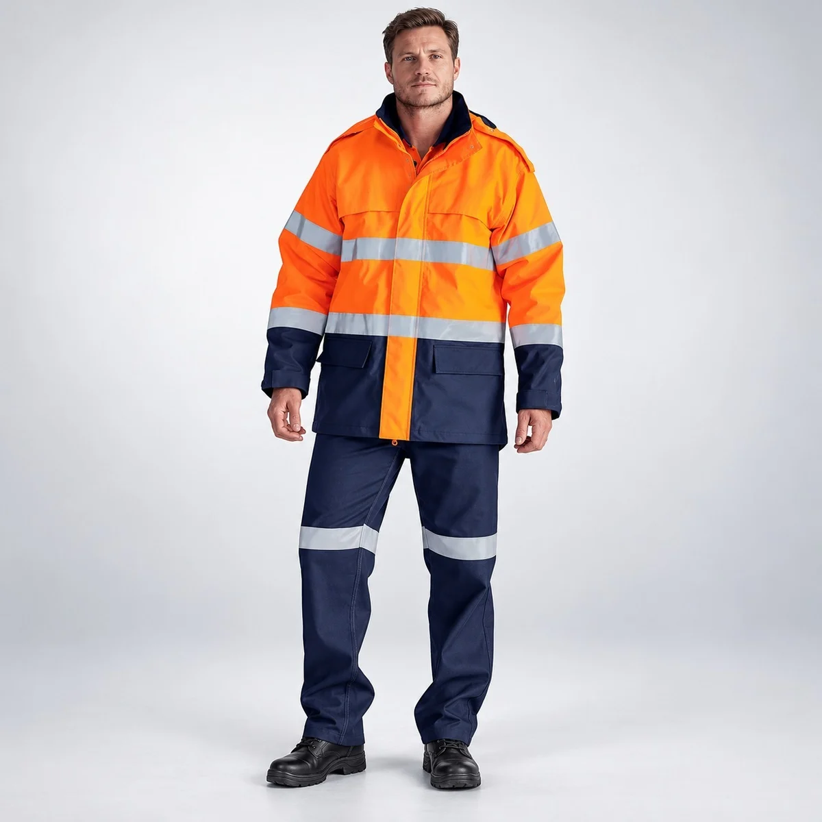 Hi-Vis Orange and Navy Blue Industrial Safety Uniform Set