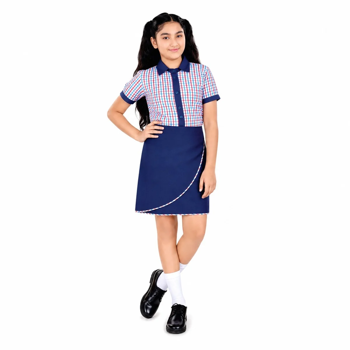 Girls Plaid Shirt and Navy Skirt School Uniform Set