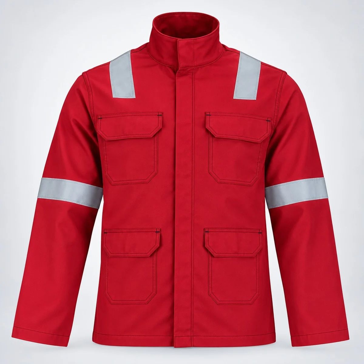 Heavy-Duty Red Industrial Safety Jacket with Reflective Tape