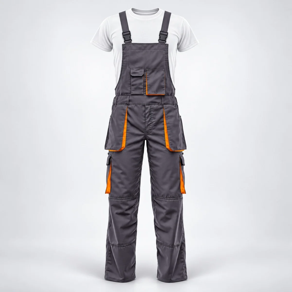Charcoal Grey Bib Overalls with Orange Accents