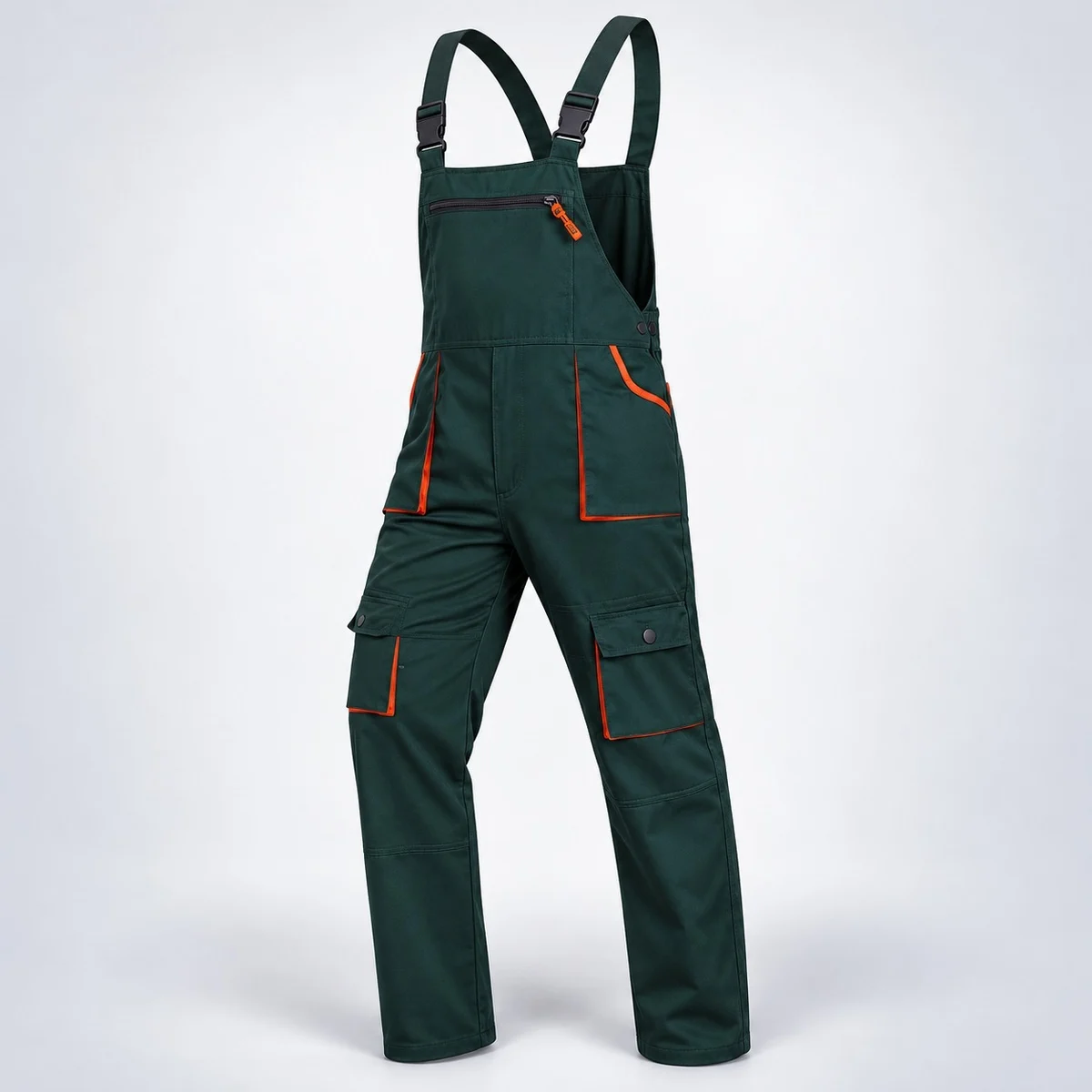 Dark Green Cotton Twill Industrial Bib Overalls with Orange Trim