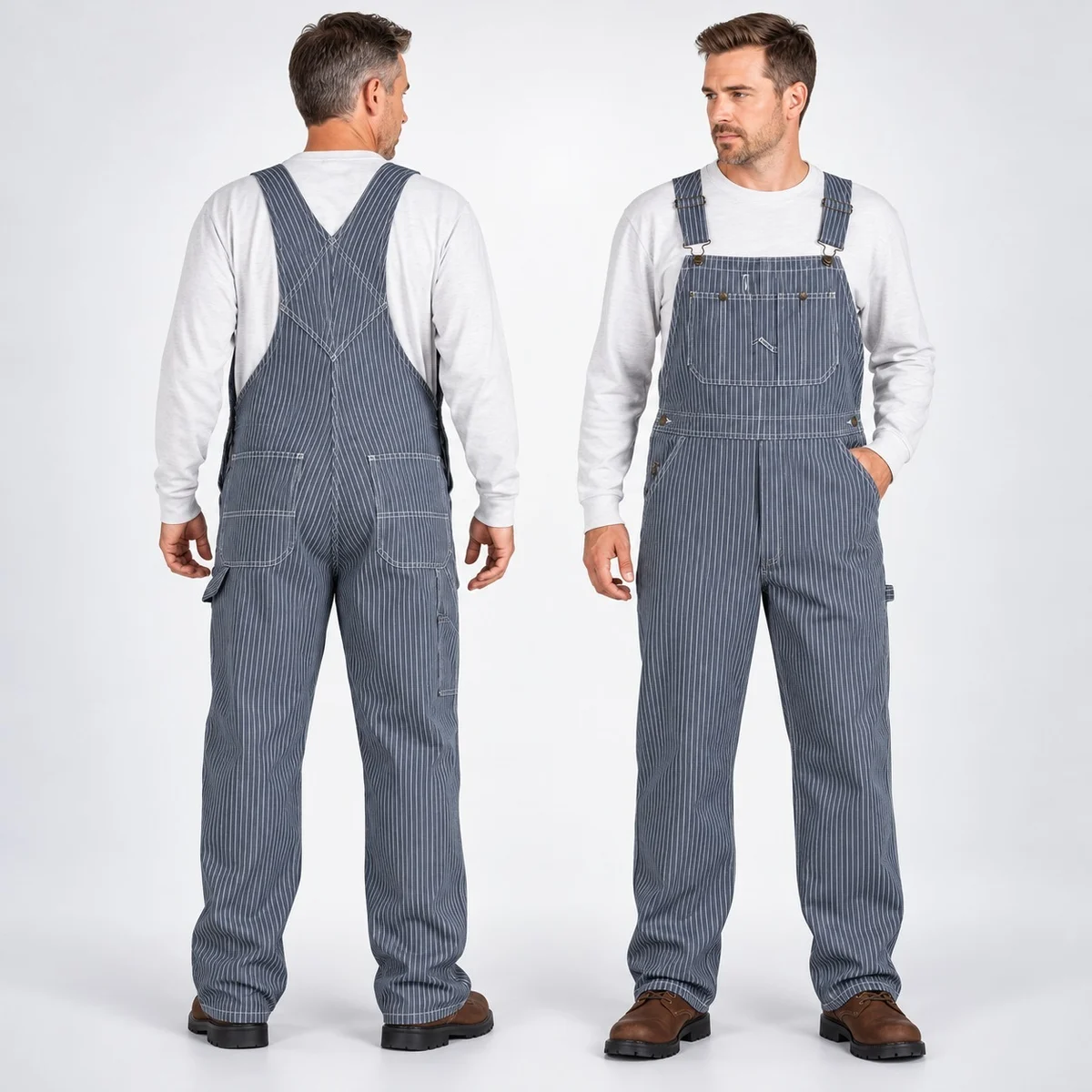 Blue and White Hickory Stripe Cotton Twill Work Overalls