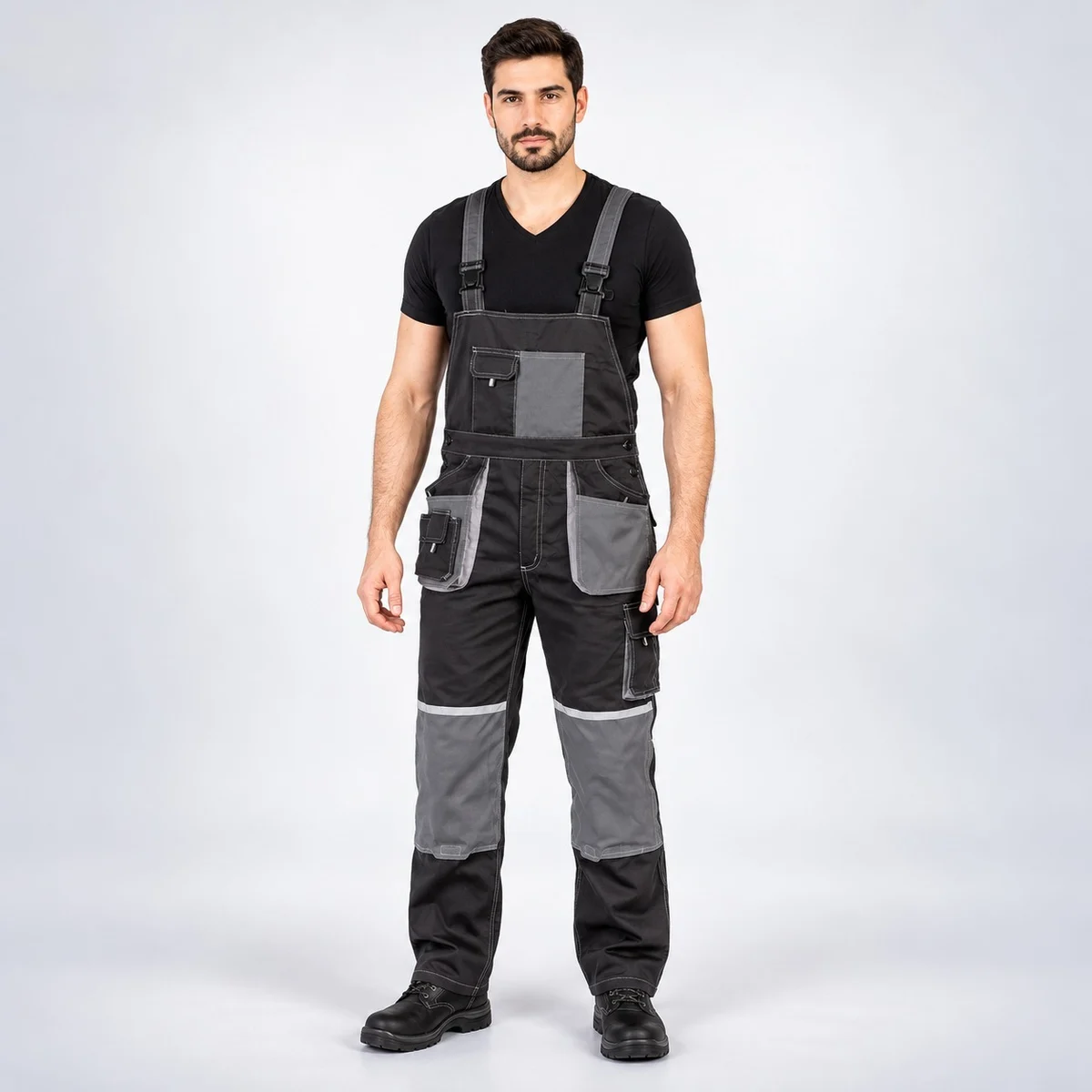 Heavy-Duty Black and Grey Industrial Work Overalls
