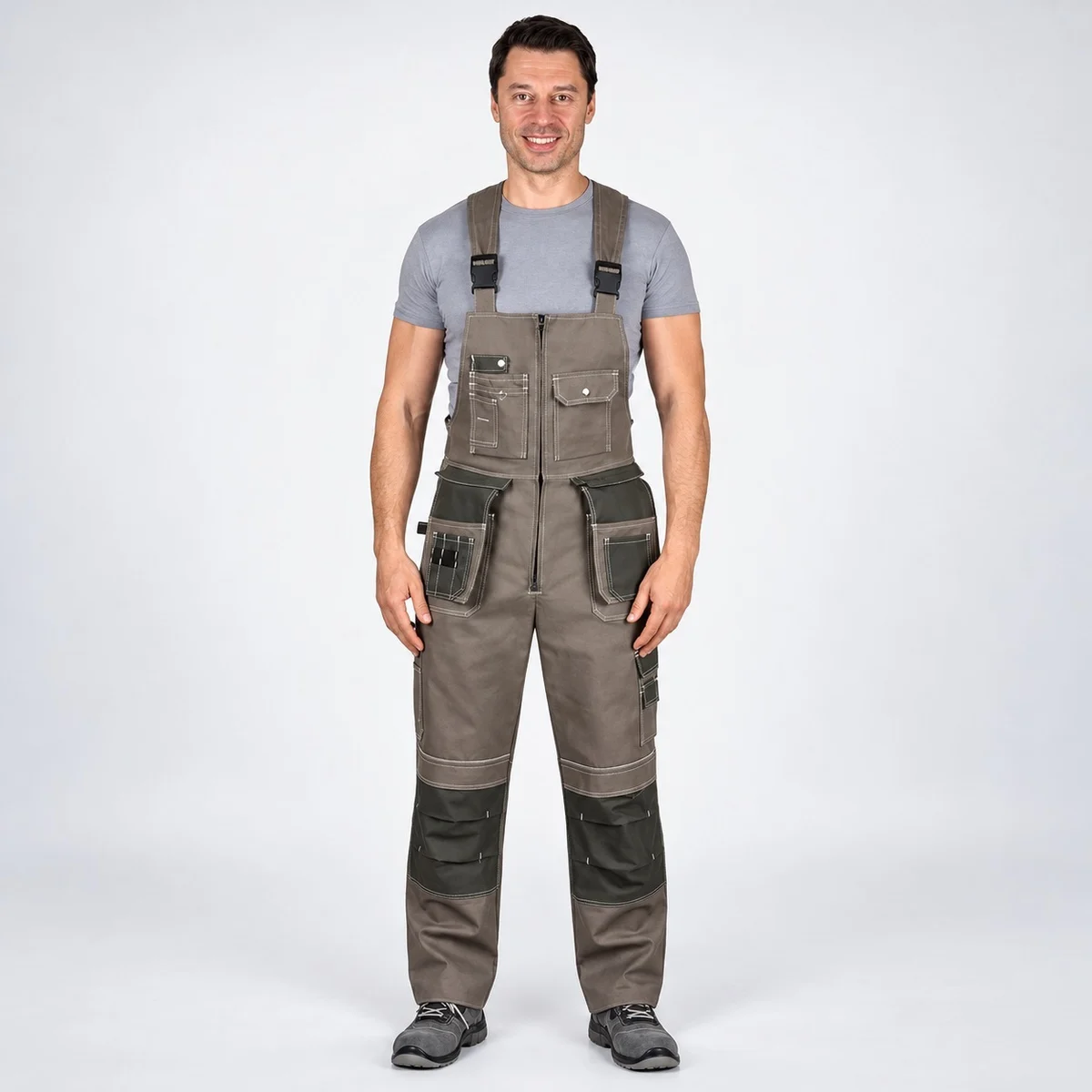 Grey Brown Cotton Twill Industrial Workwear Overalls