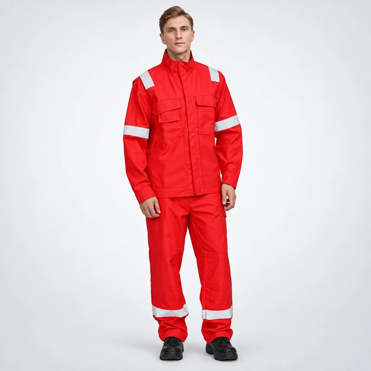 Red Industrial Safety Uniform Set with Reflective Tape