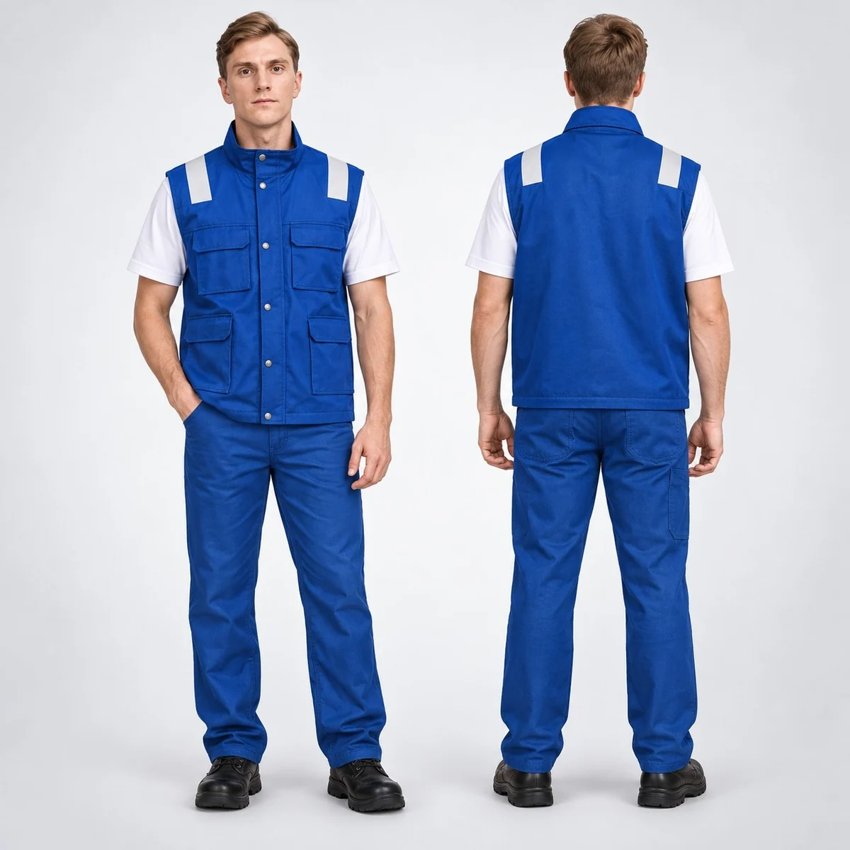 Mens Blue Cotton Twill Industrial Workwear Set with Vest and Trousers