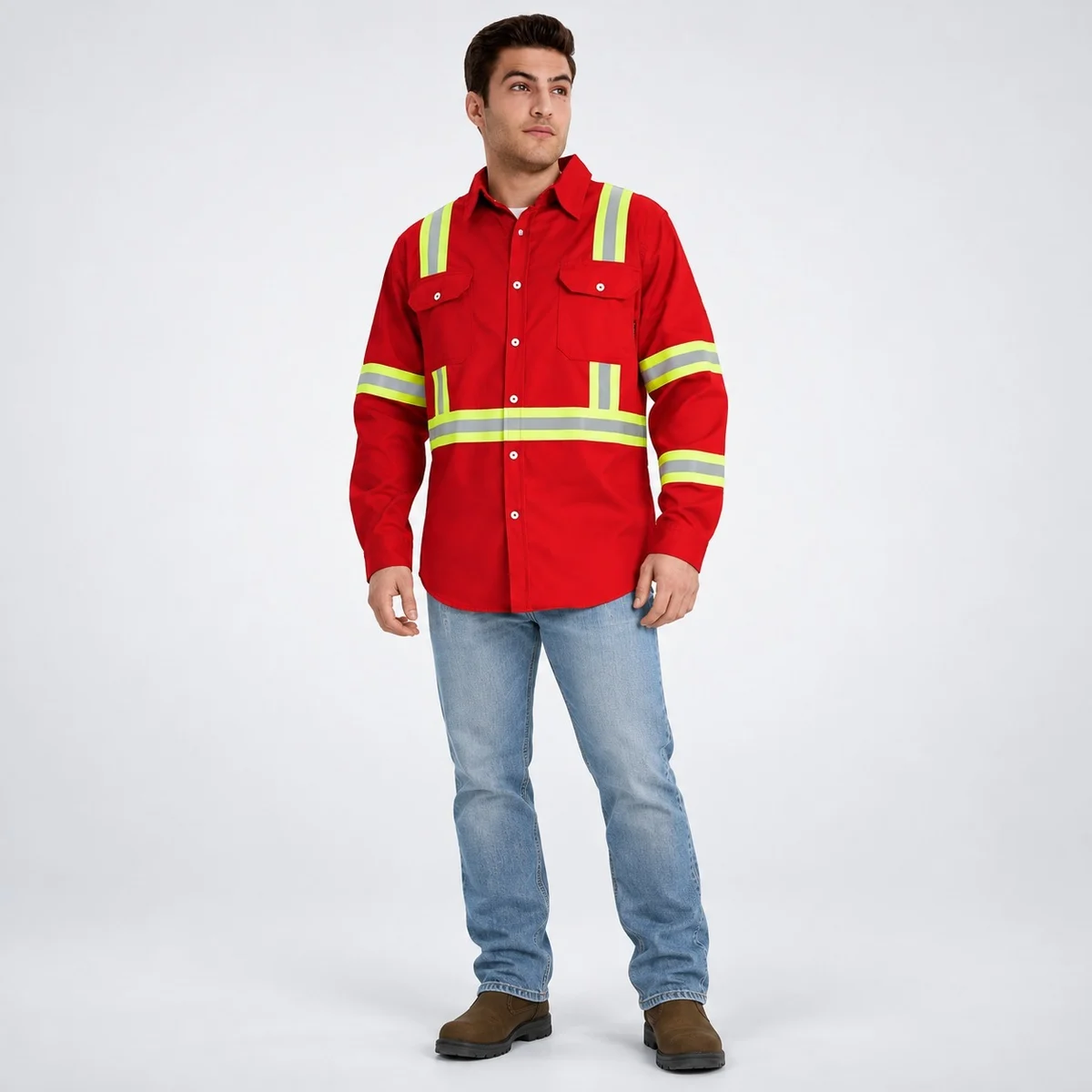 Red Hi-Vis Cotton Twill Industrial Work Shirt