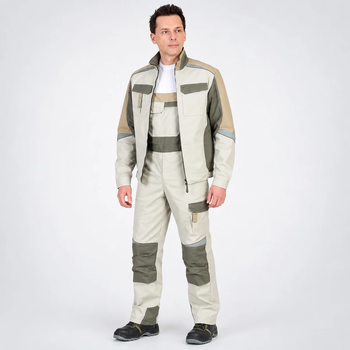 Beige and Olive Industrial Jacket and Dungarees Set