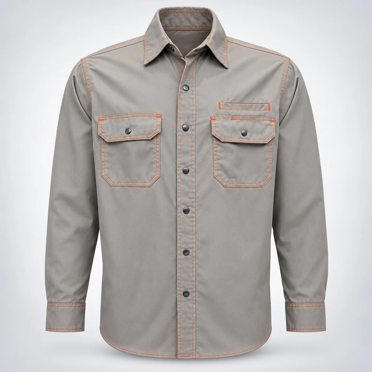 Grey Industrial Work Shirt with Orange Contrast Stitching