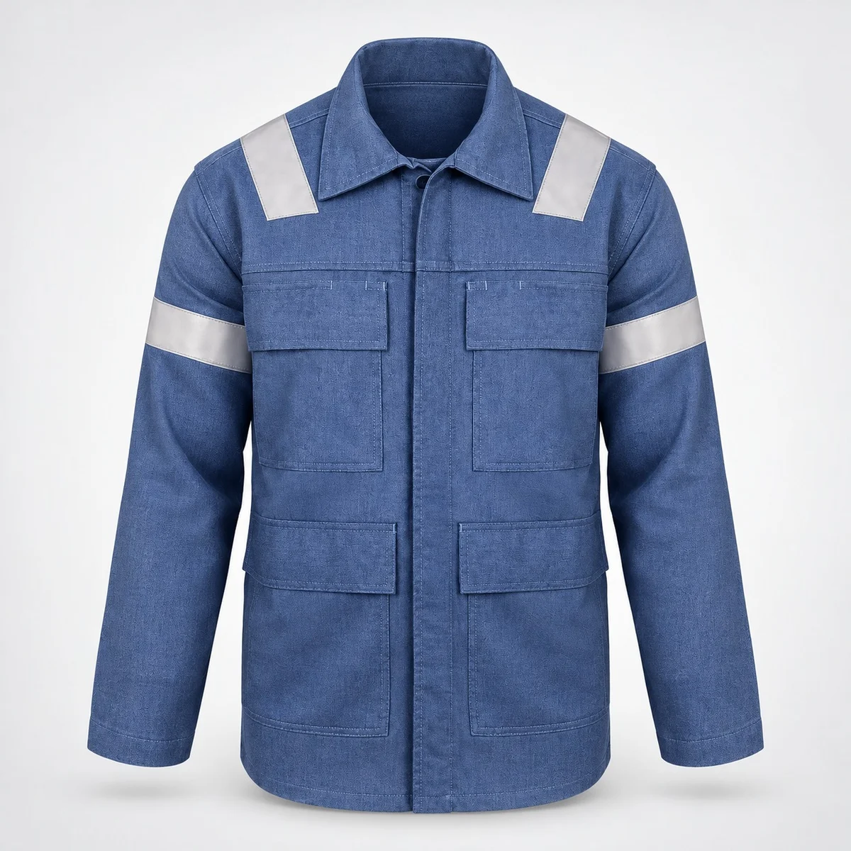Blue Cotton Twill Industrial Work Jacket with Reflective Tape