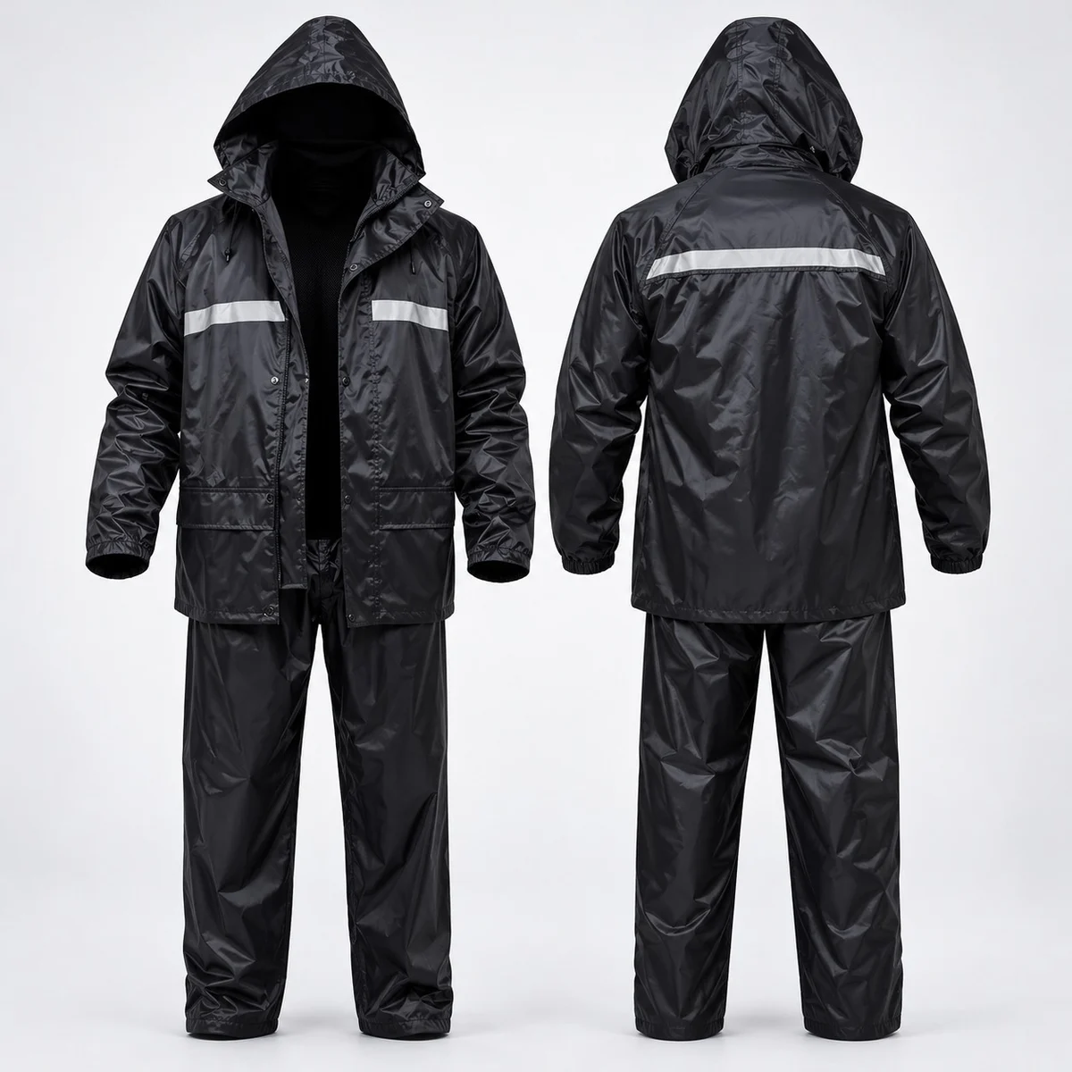 Industrial Waterproof Black Rain Suit with Reflective Safety Strips