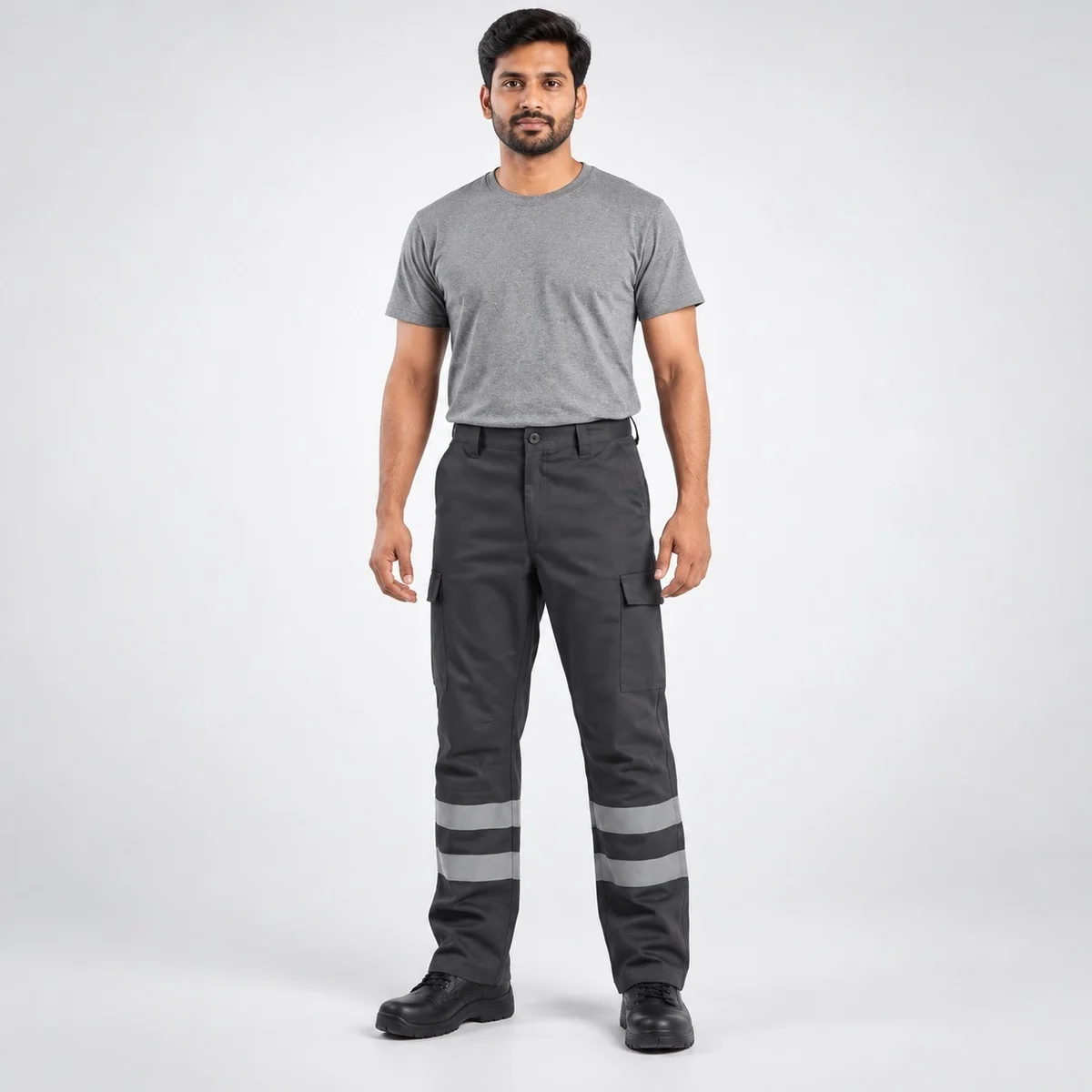 Dark Grey Industrial Cargo Trousers with Reflective Bands