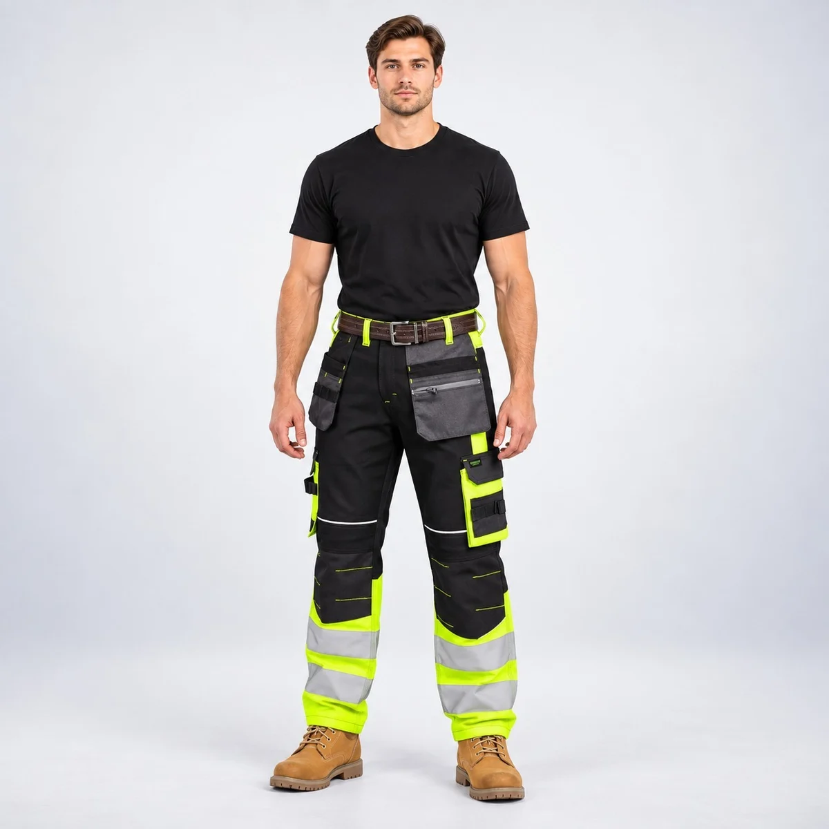 Heavy-Duty Safety Work Trousers in Black and Yellow
