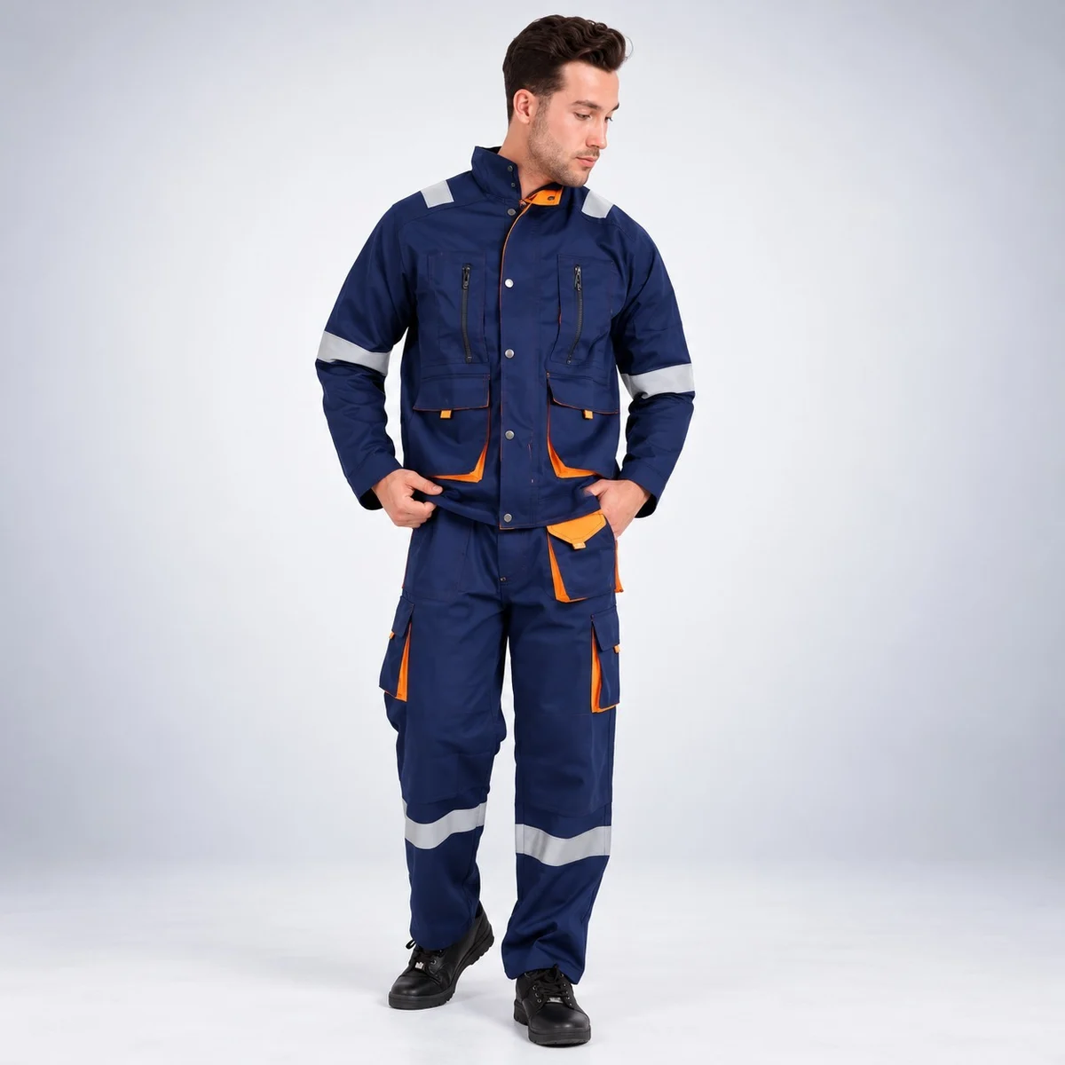 Dark Blue Industrial Overall Set with Reflective Safety Strips