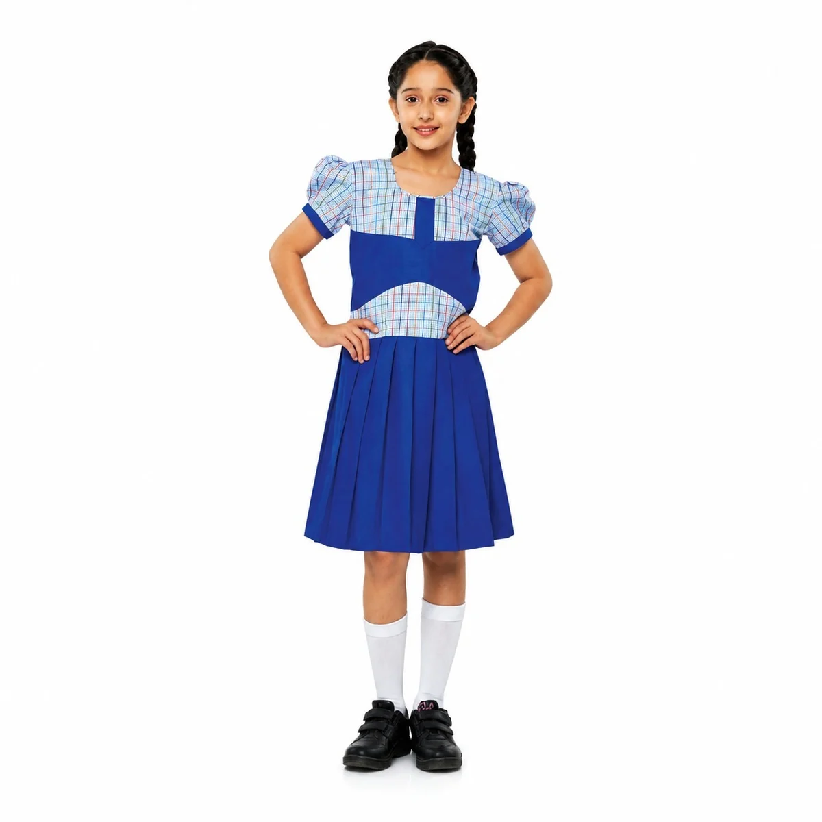 Blue and White Checked Girls School Dress