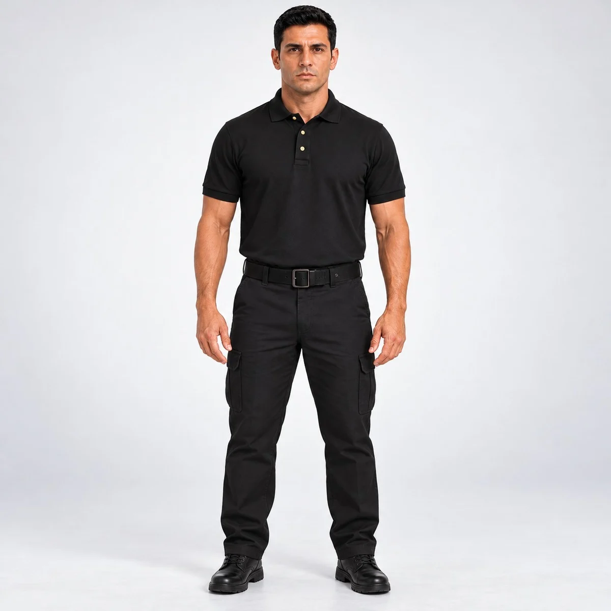 Mens Black Polo and Cargo Trousers Industrial Uniform Set
