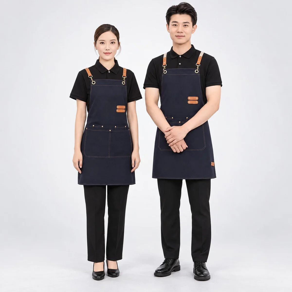 Navy Canvas Apron and Black Polo Hotel Uniform Set