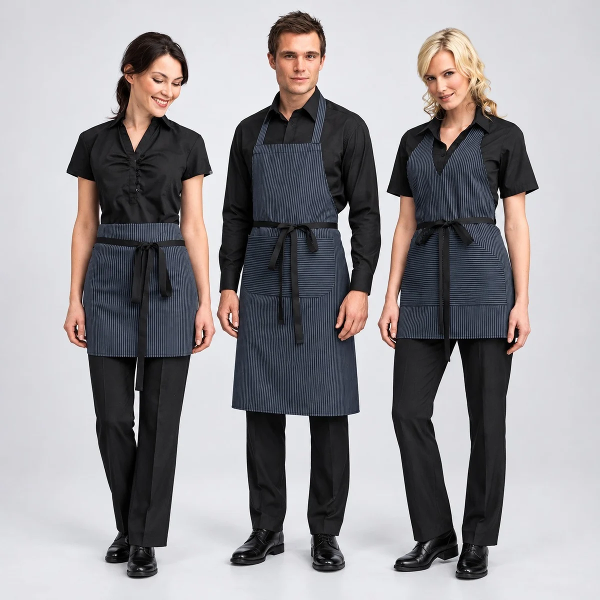 Hospitality Uniform Set with Black Shirt and Pinstripe Apron