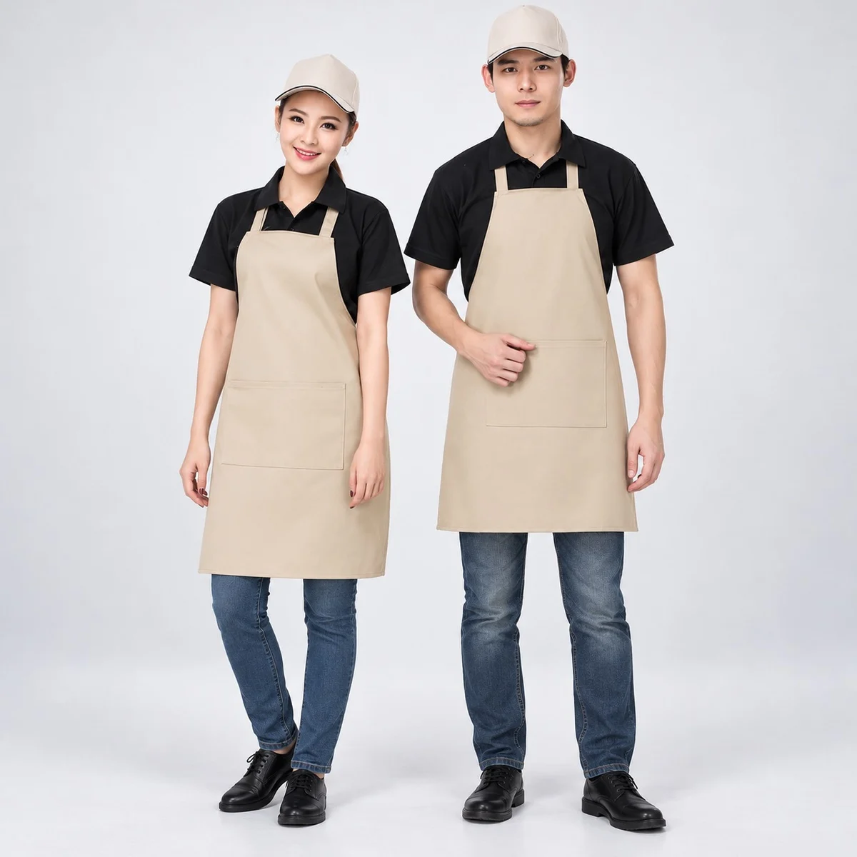 Beige Apron and Black Polo Hotel Uniform Set
