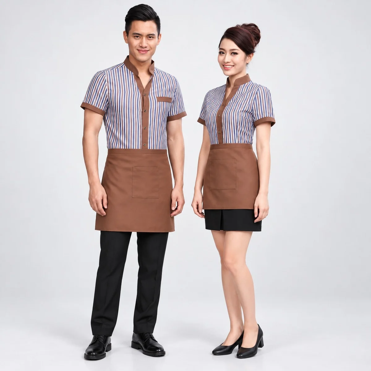Striped Hotel Staff Uniform Set with Brown Apron