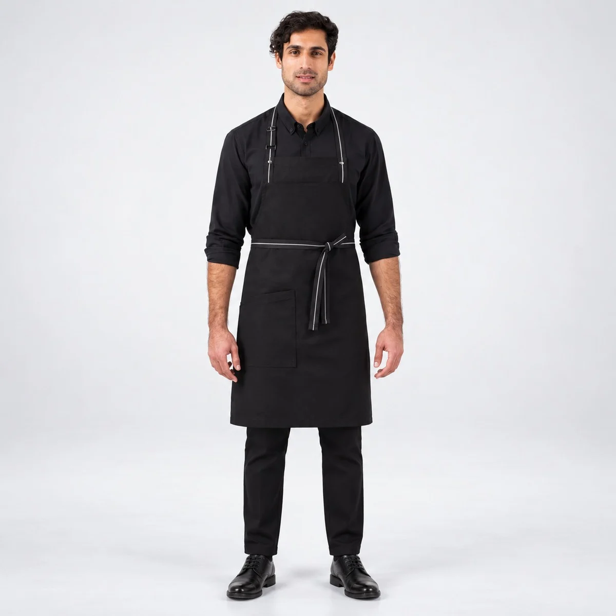 Black Poly-Cotton Bib Apron with Contrast Straps
