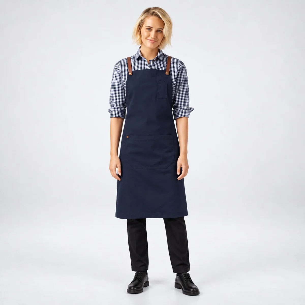Navy Blue Bib Apron with Brown Cross-Back Straps