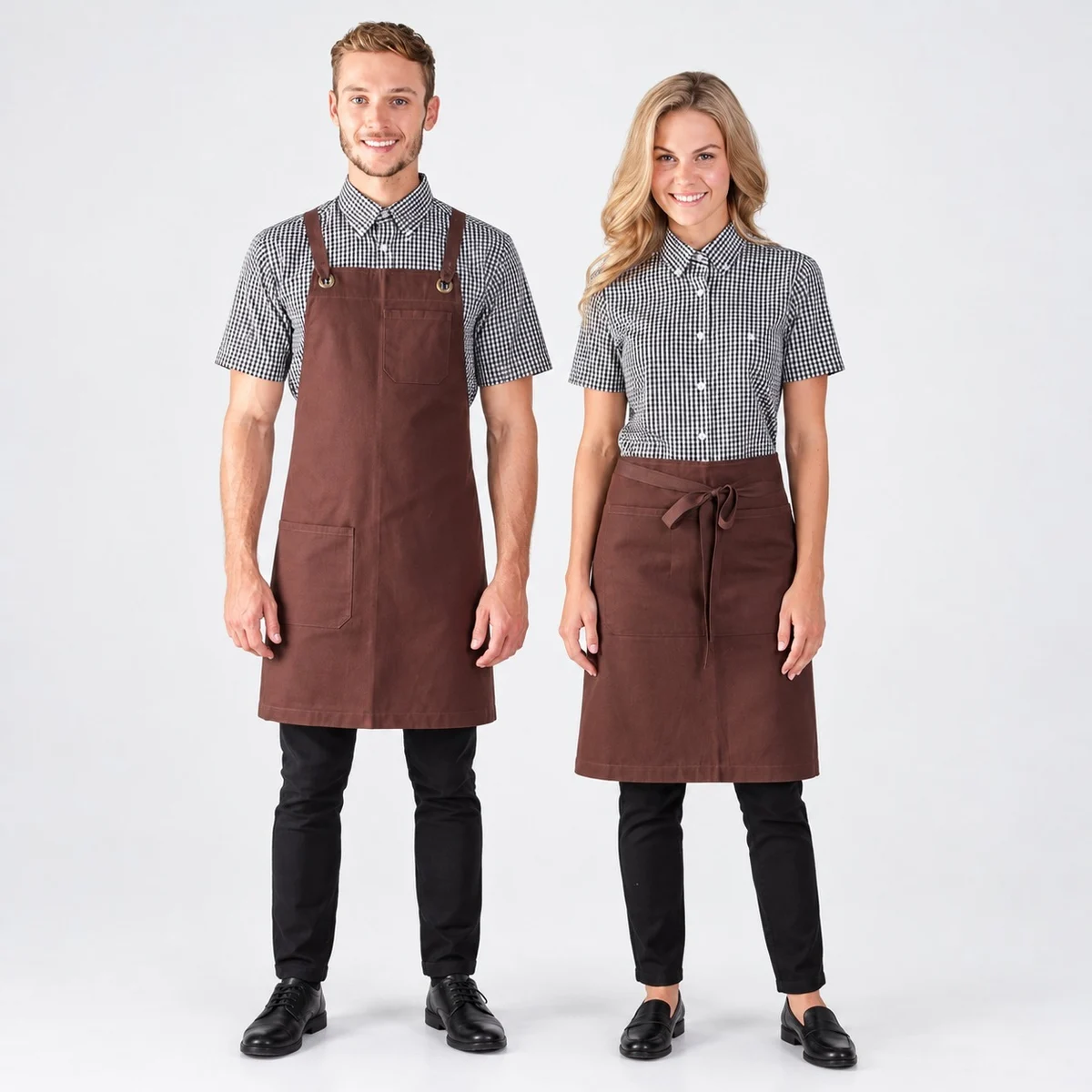 Hospitality Uniform Set with Check Shirt and Brown Apron