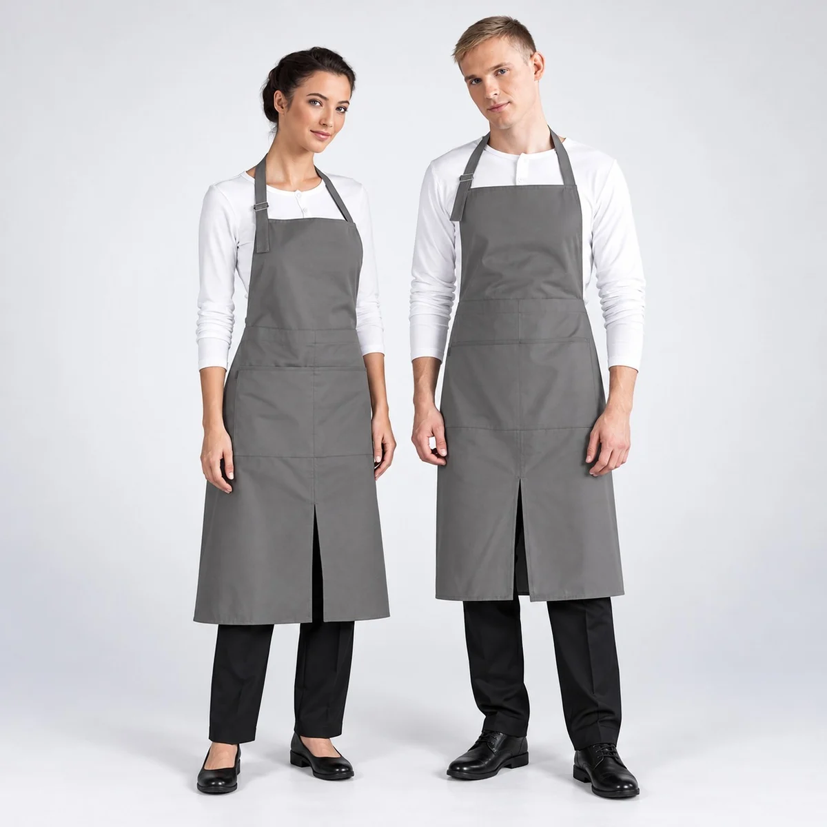 Grey Poly-Cotton Bib Apron with Front Pockets