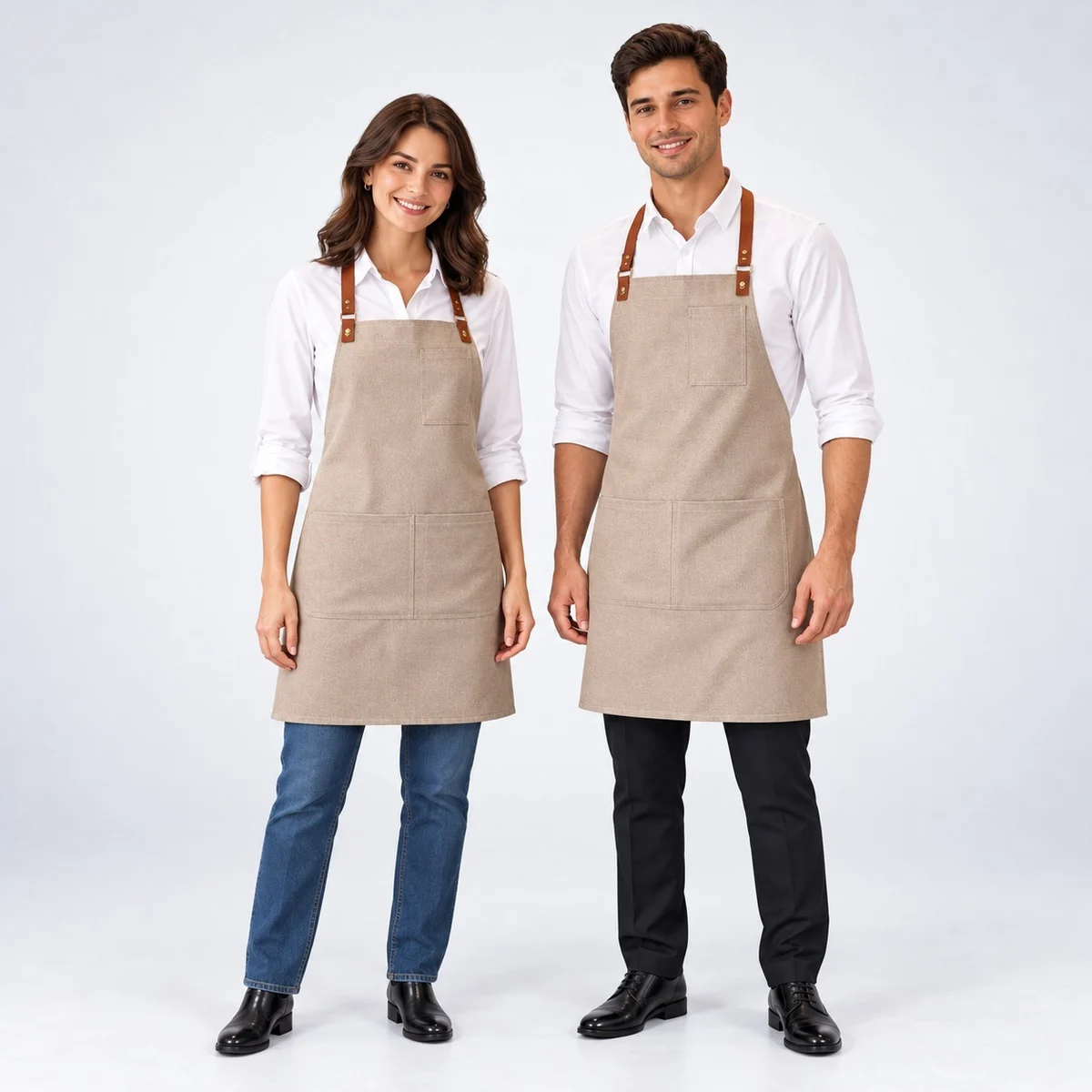 Beige Poly-Cotton Bib Apron with Leatherette Straps