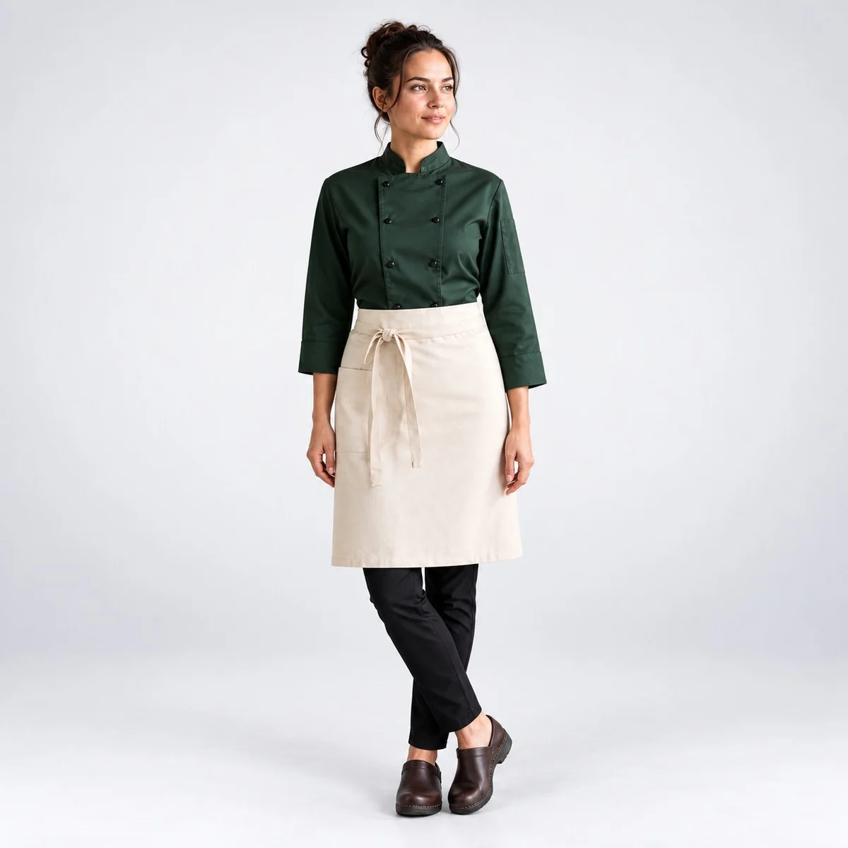 Womens Dark Green Chef Coat And Beige Waist Apron Set