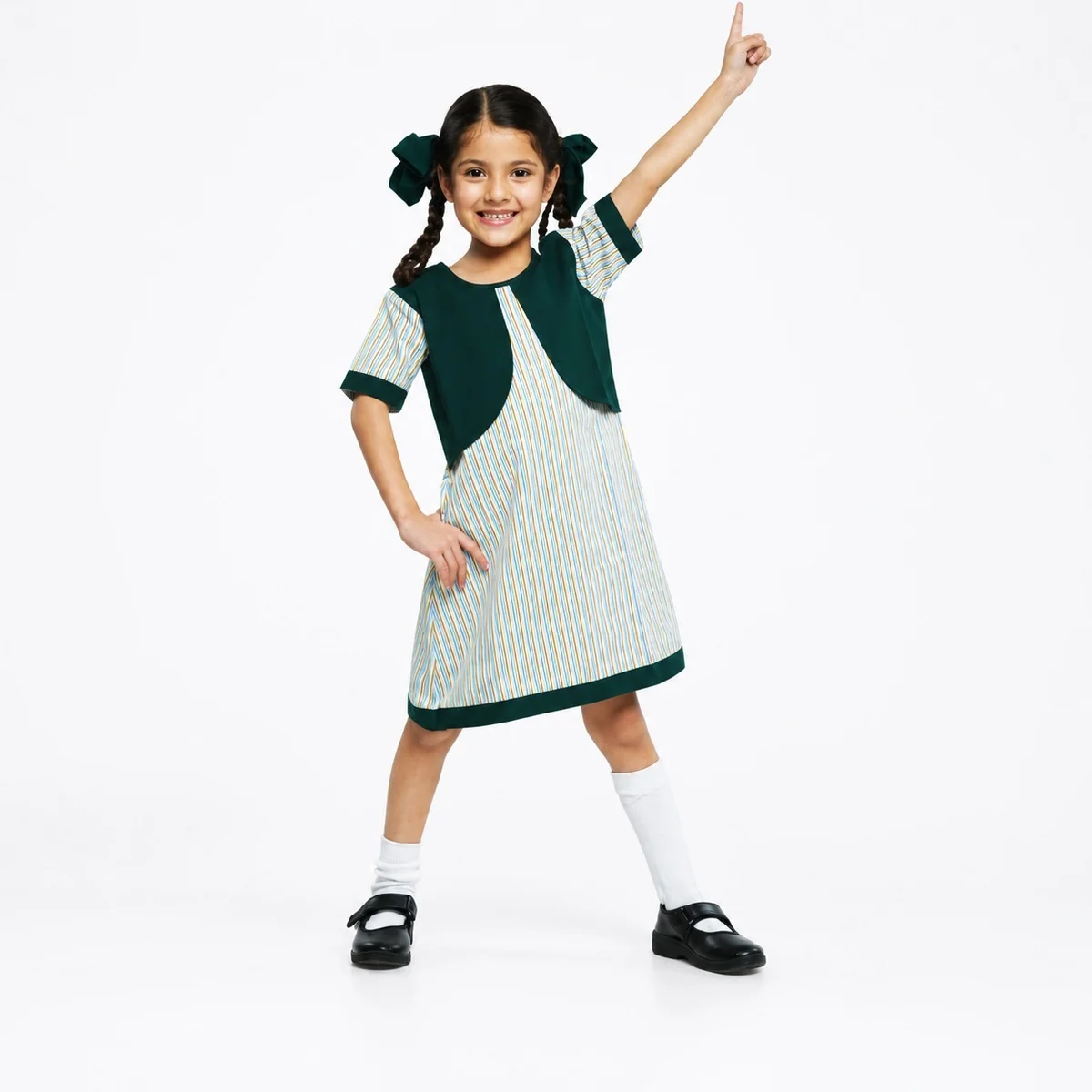 Green and Striped Girls School Uniform Dress