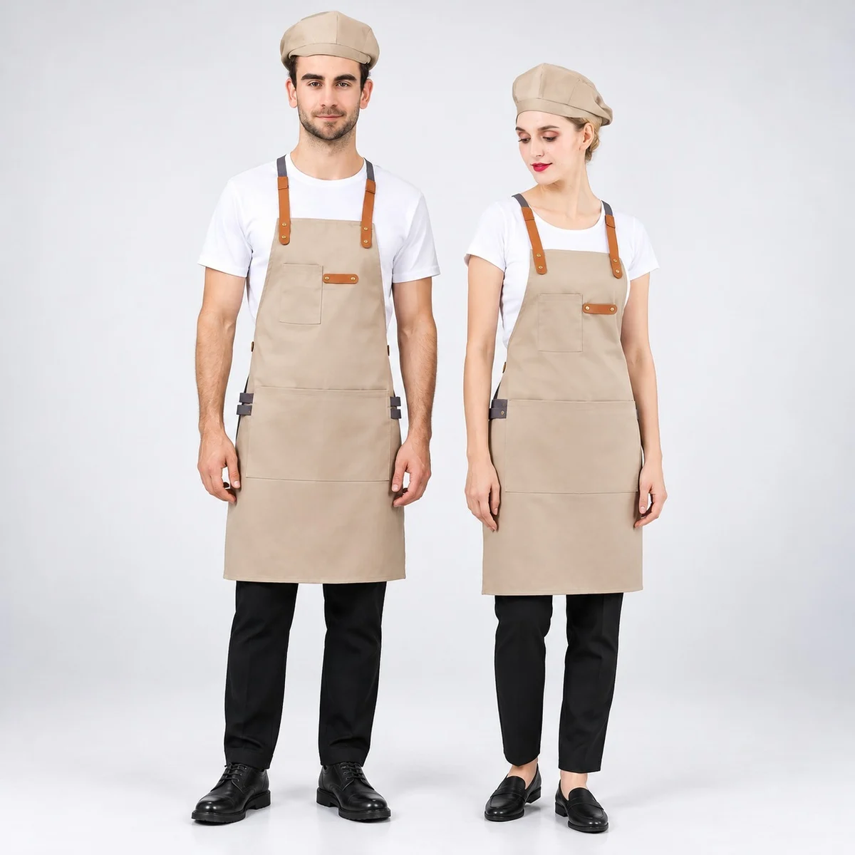 Beige Poly-Cotton Apron and Cap Hotel Uniform Set
