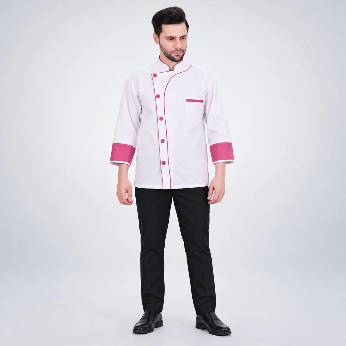 White and Pink Full Sleeve Chef Coat Set