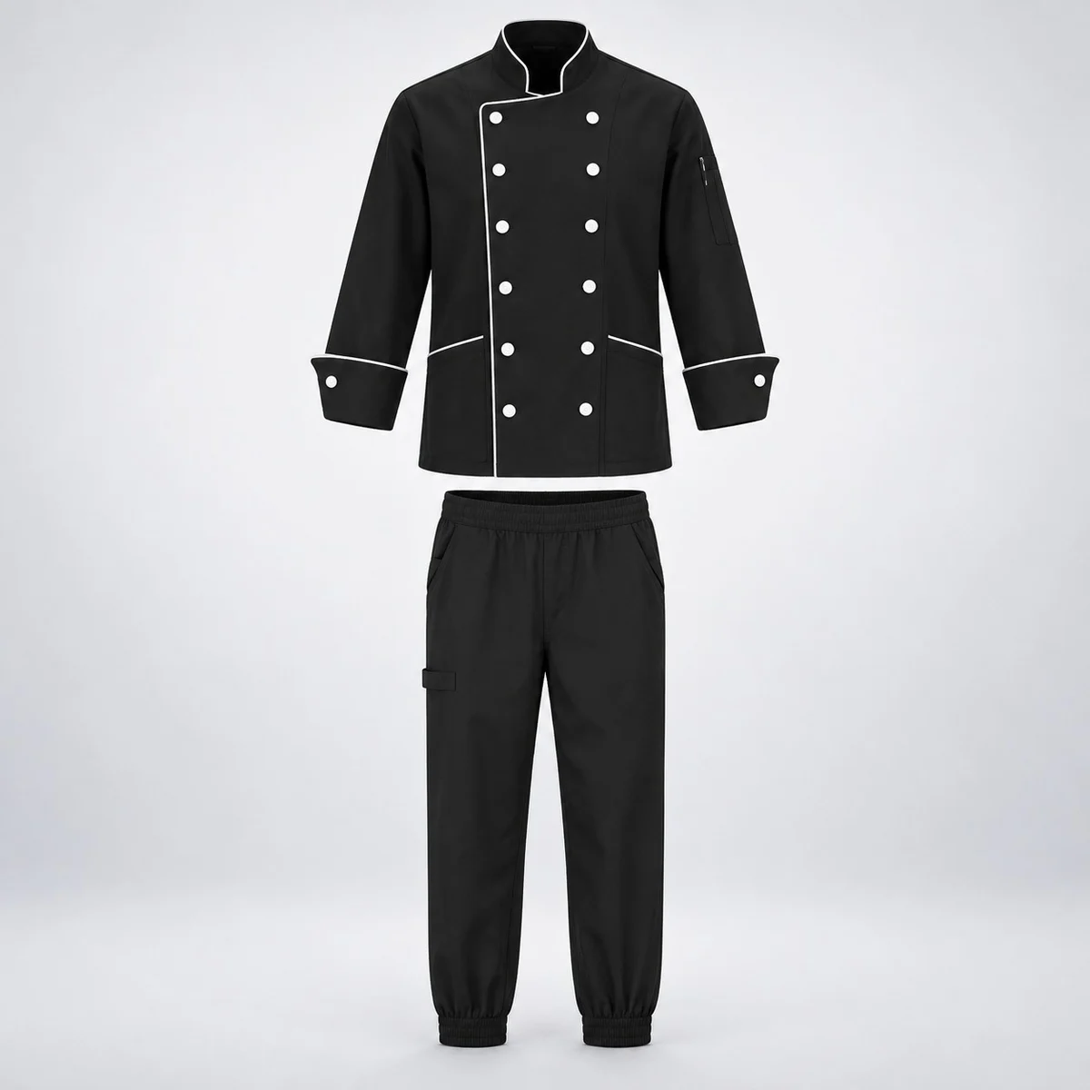 Black Chef Uniform Set with White Piping