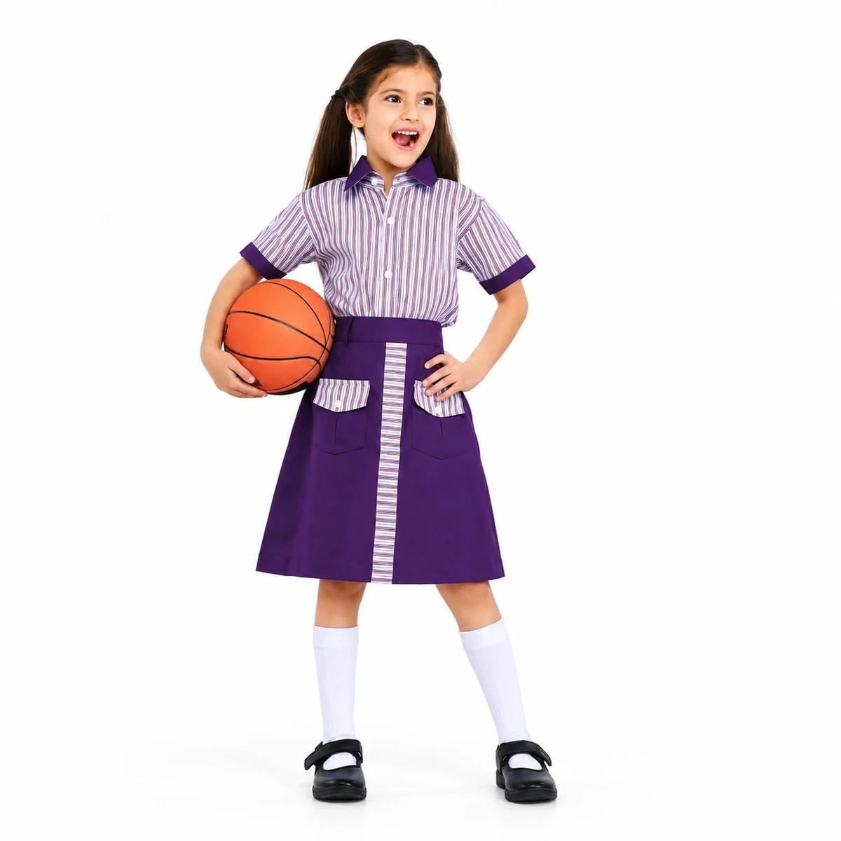 Purple and White Striped School Uniform Dress Set