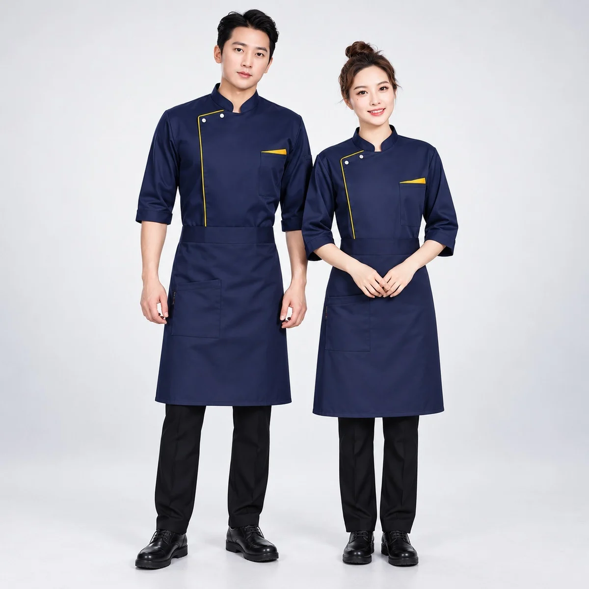 Navy Blue Chef Jacket and Apron Set with Yellow Trim