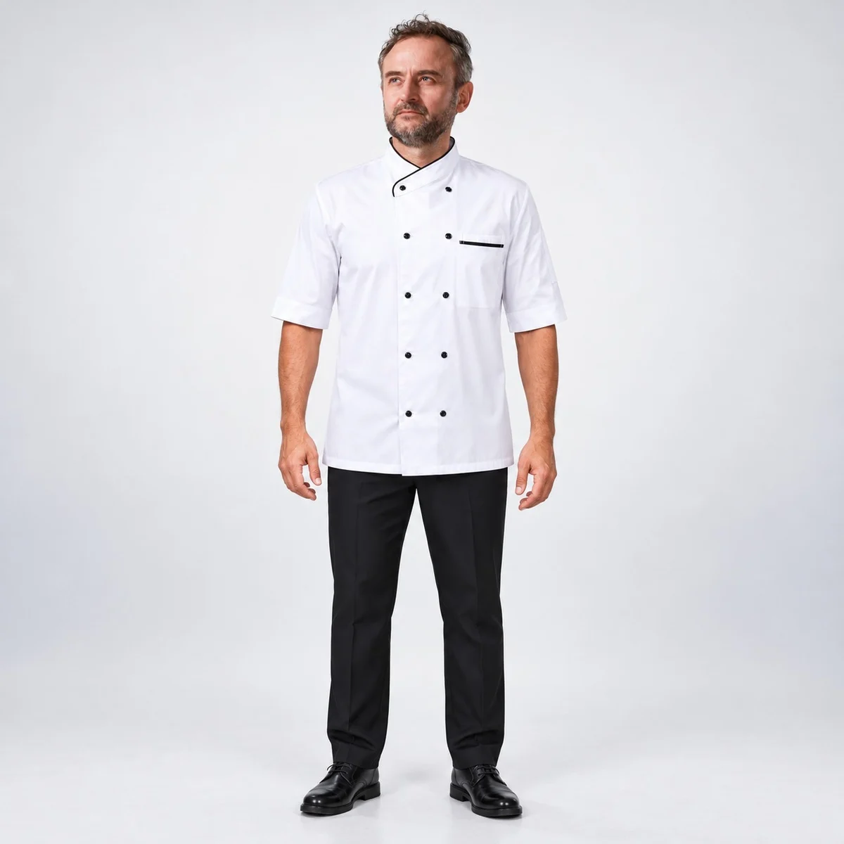 Mens White Chef Coat Set with Black Piping