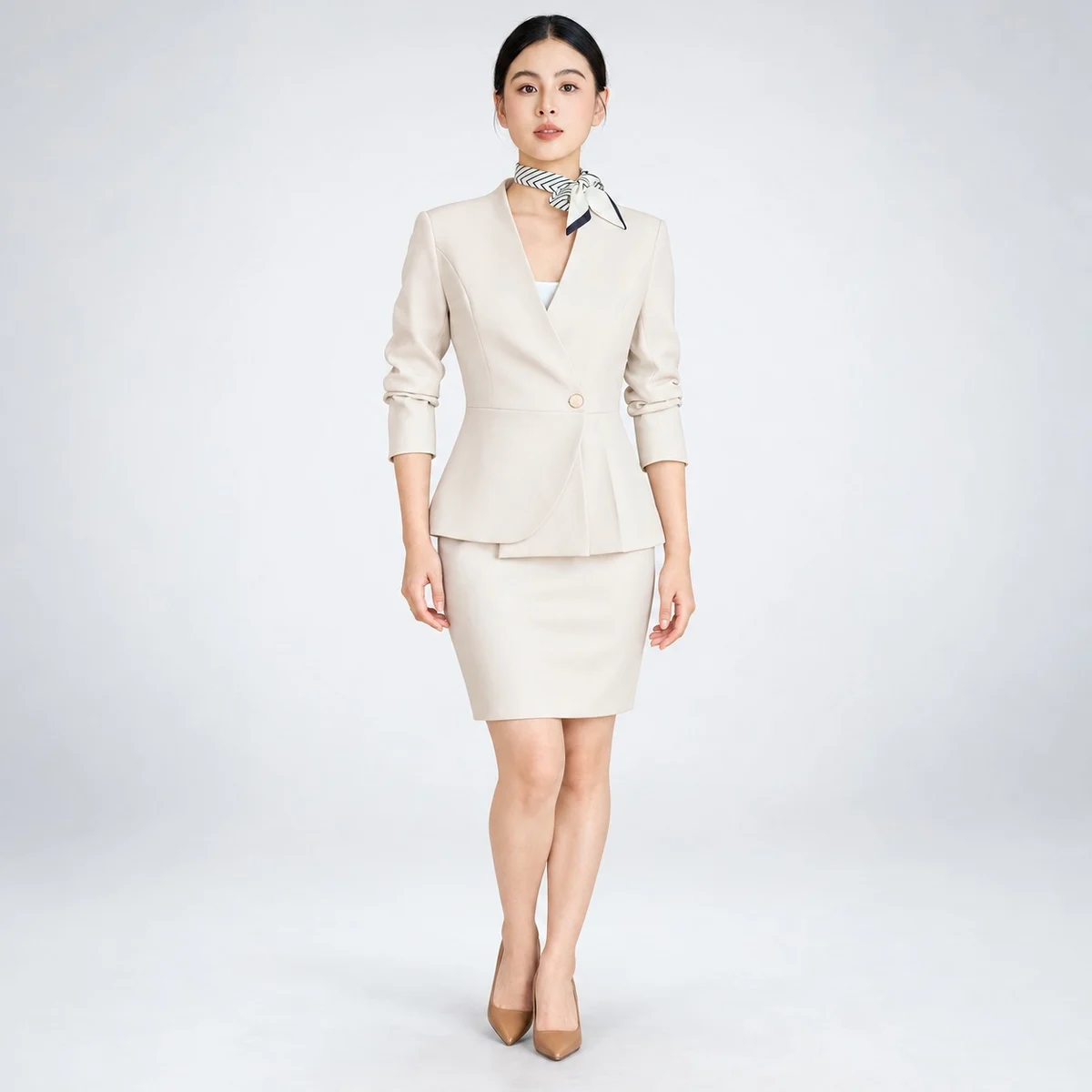 Beige Hotel Front Desk Peplum Jacket and Skirt Set
