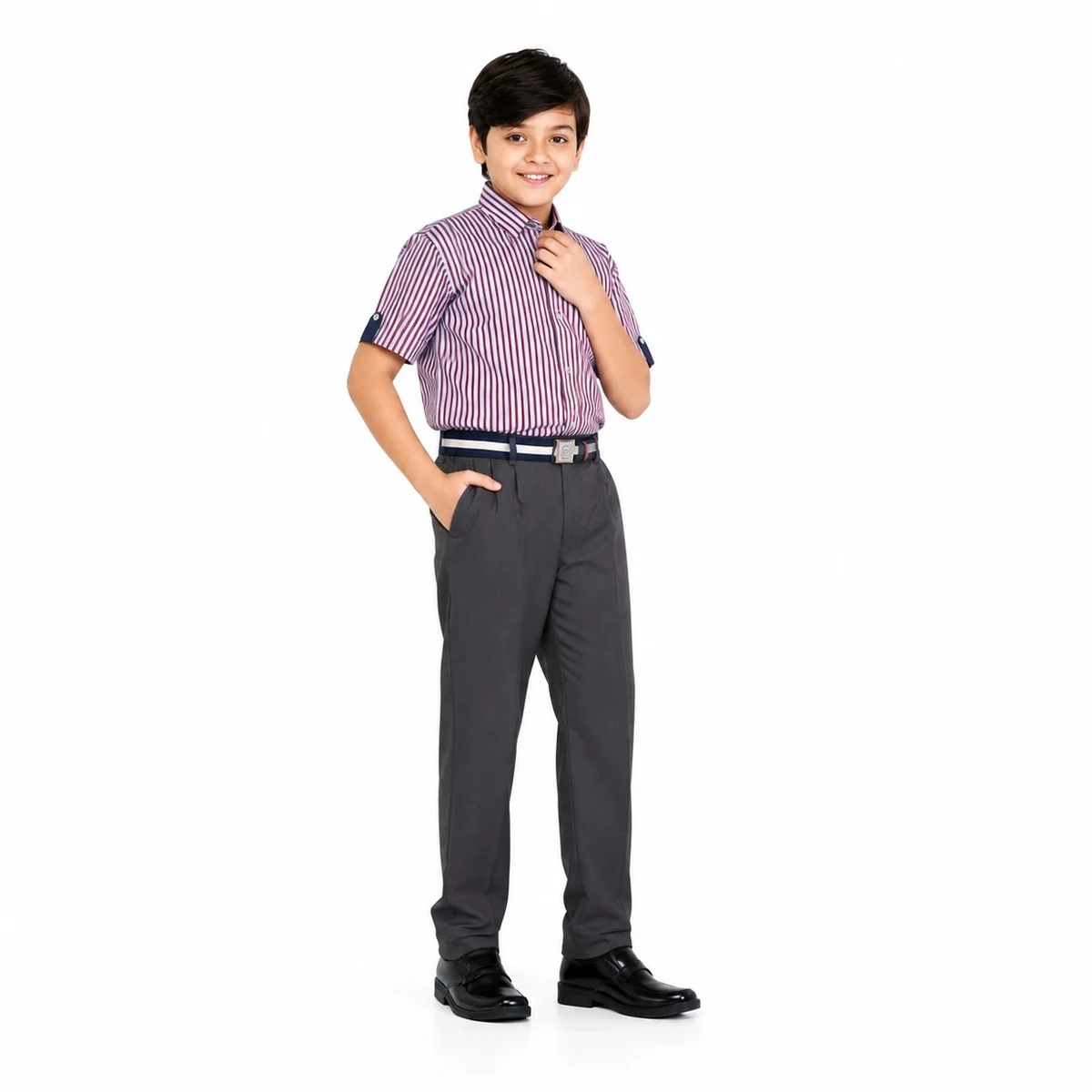 Maroon Striped Shirt And Grey Trouser School Uniform Set