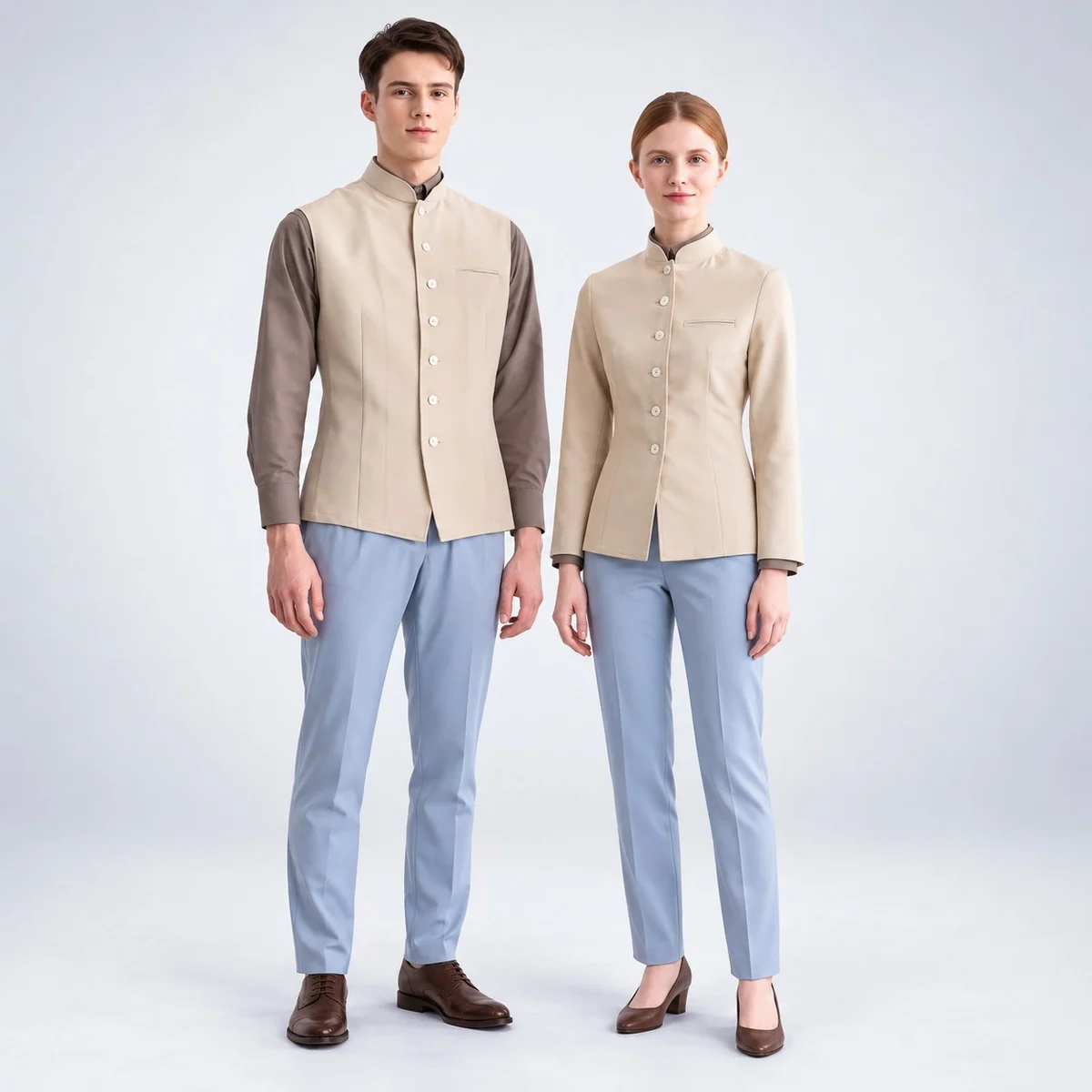 Beige and Light Blue Hotel Staff Uniform Set