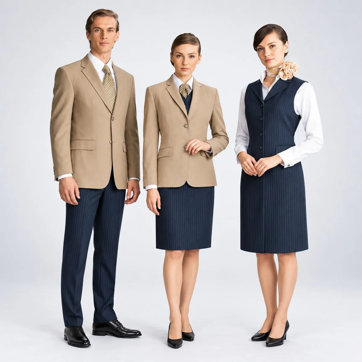 Beige and Navy Pinstripe Hotel Staff Uniform Set