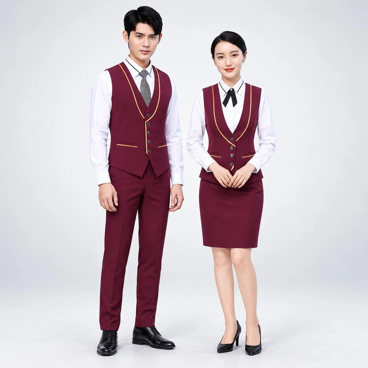 Maroon Hotel Staff Uniform Set with Gold Piping