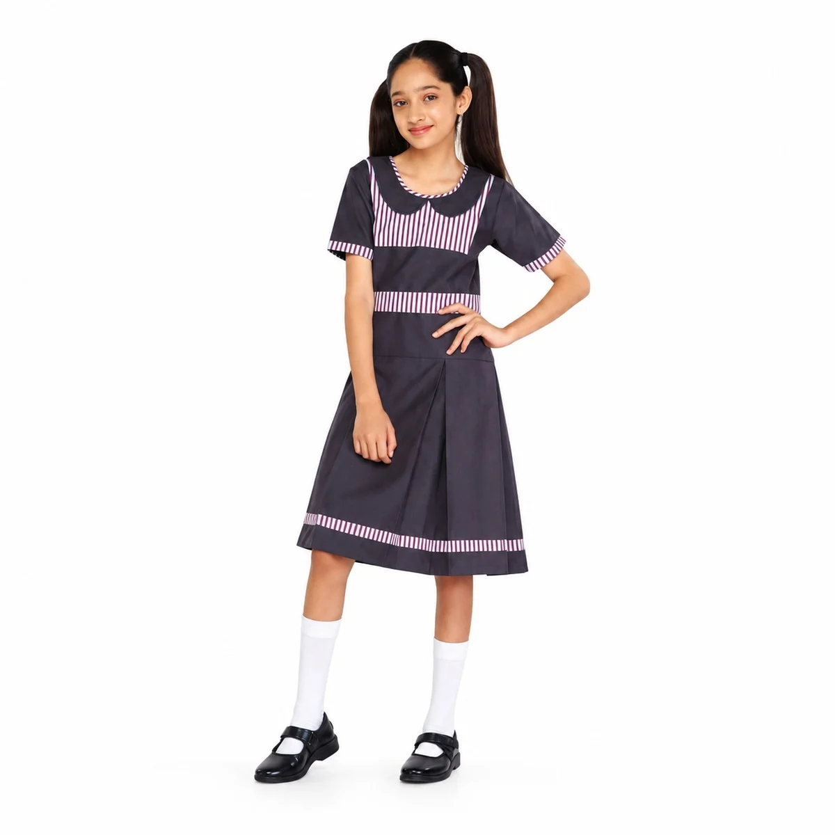 Grey and White Striped Panel School Dress
