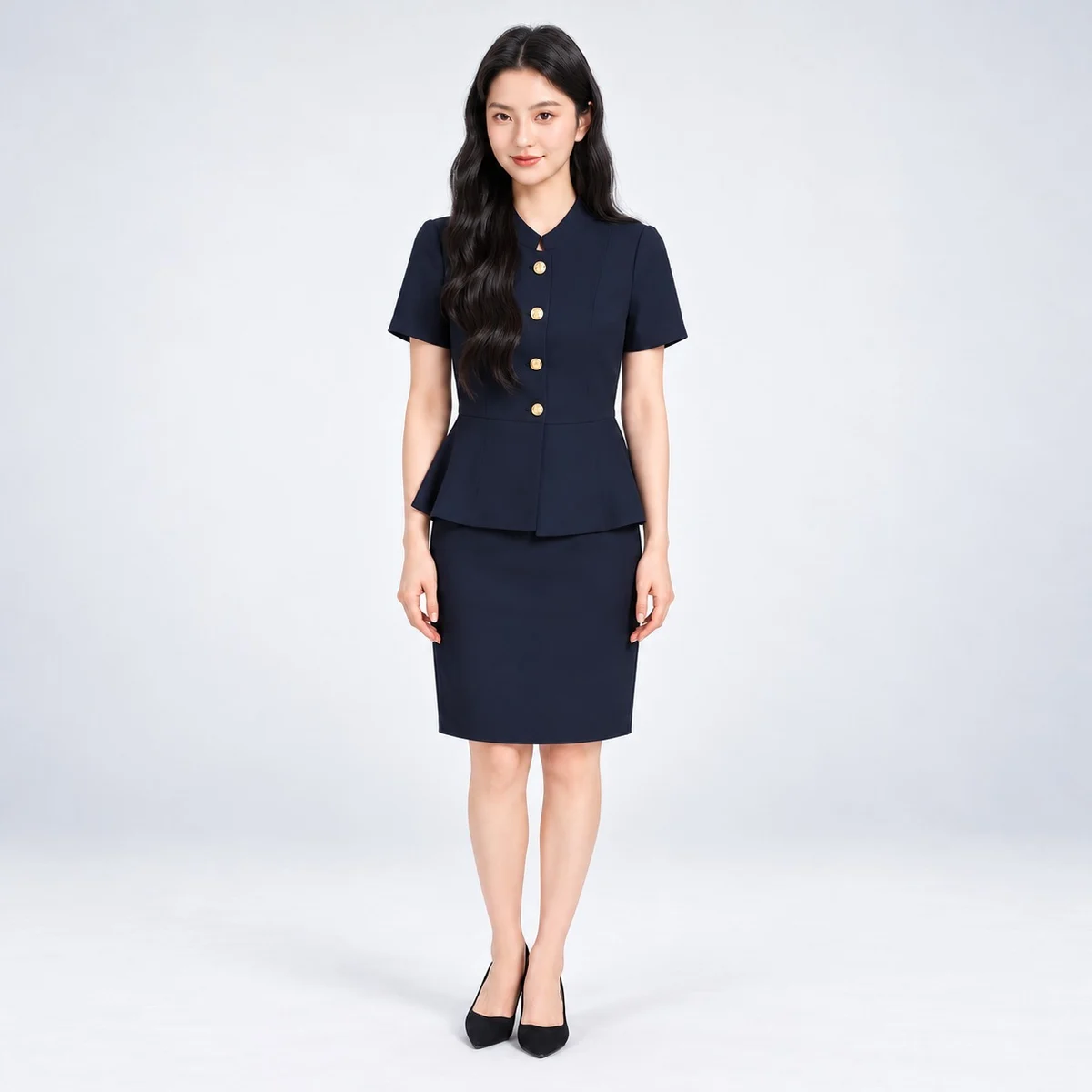 Navy Blue Women Hotel Peplum Tunic and Skirt Uniform Set