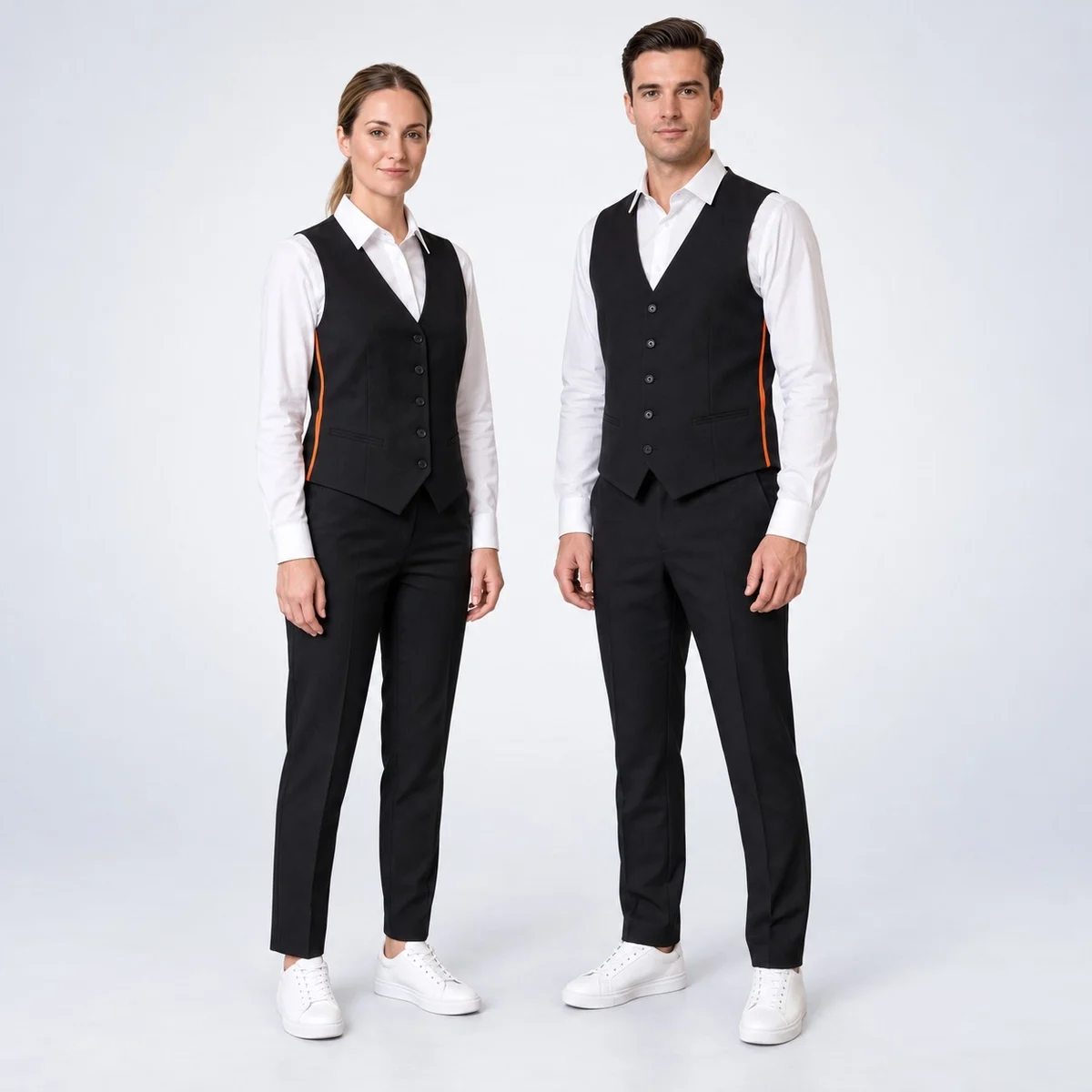 Black Hotel Waistcoat And Trouser Set With Orange Piping