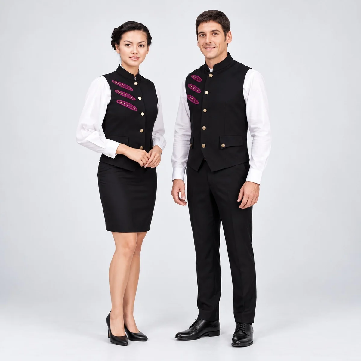 Black and White Hospitality Uniform Set with Pink Accent